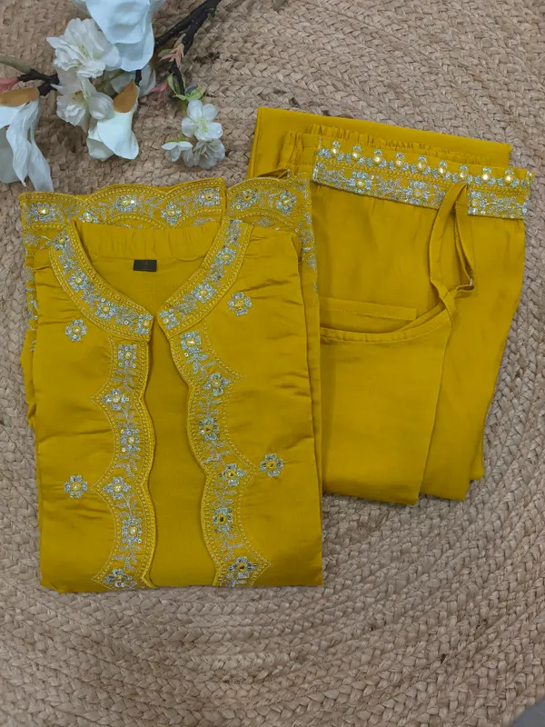 Yellow_Zari_Embroided_Three_Fourth_Sleeve_Three_Piece_Dress_For_Women