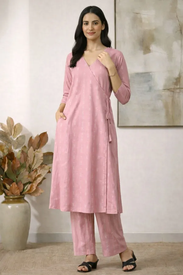 Pastel_Pink_Viscose_Blend_3/4_Sleeves_V-Neck_Angrakha_Kurta_With_Bottom_Set_For_Women