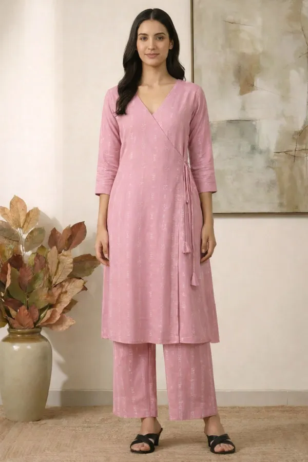 Pastel_Pink_Viscose_Blend_3/4_Sleeves_V-Neck_Angrakha_Kurta_With_Bottom_Set_For_Women