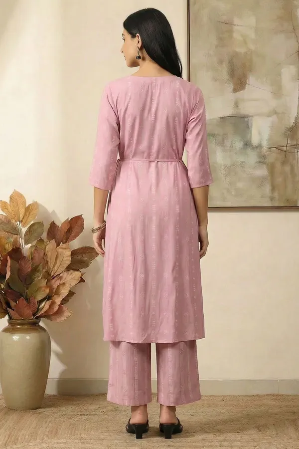 Pastel_Pink_Viscose_Blend_3/4_Sleeves_V-Neck_Angrakha_Kurta_With_Bottom_Set_For_Women