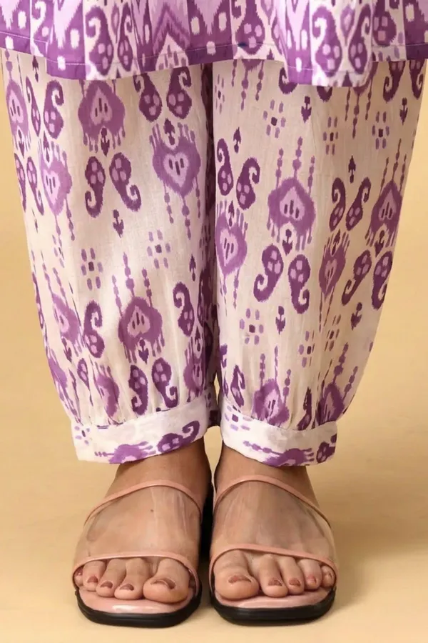 Purple_Pure_Cotton_3/4_Gathered_Sleeves_Round_Kurta_With_Bottom_&_Dupatta_For_Women