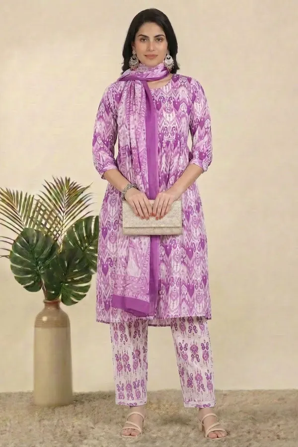 Purple_Pure_Cotton_3/4_Gathered_Sleeves_Round_Kurta_With_Bottom_&_Dupatta_For_Women