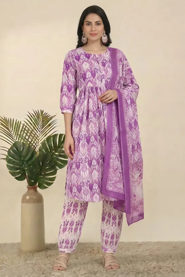 Purple_Pure_Cotton_3/4_Gathered_Sleeves_Round_Kurta_With_Bottom_&_Dupatta_For_Women
