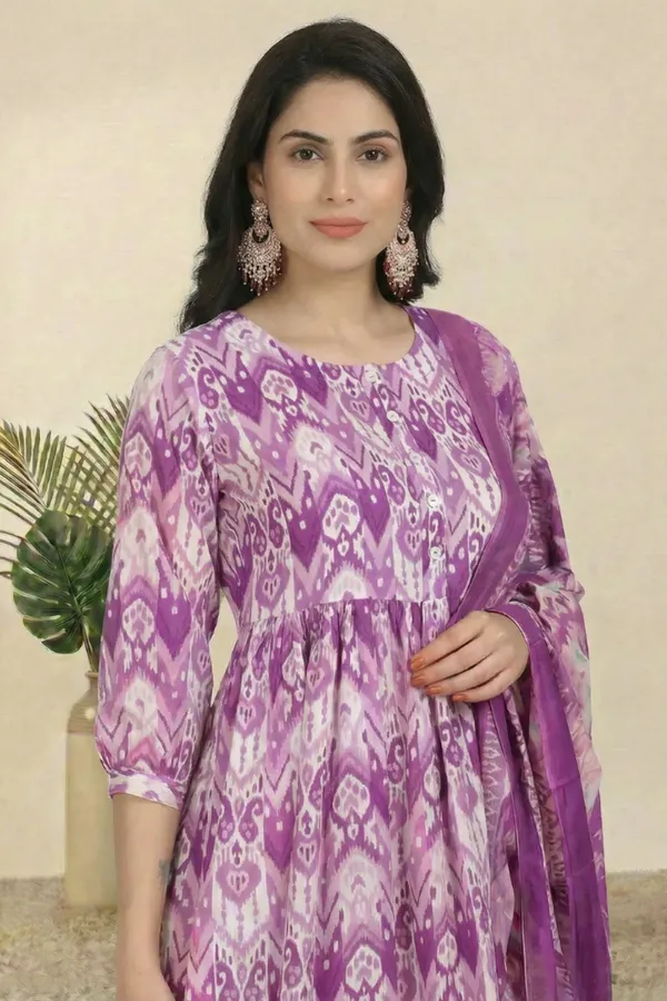 Purple_Pure_Cotton_3/4_Gathered_Sleeves_Round_Kurta_With_Bottom_&_Dupatta_For_Women