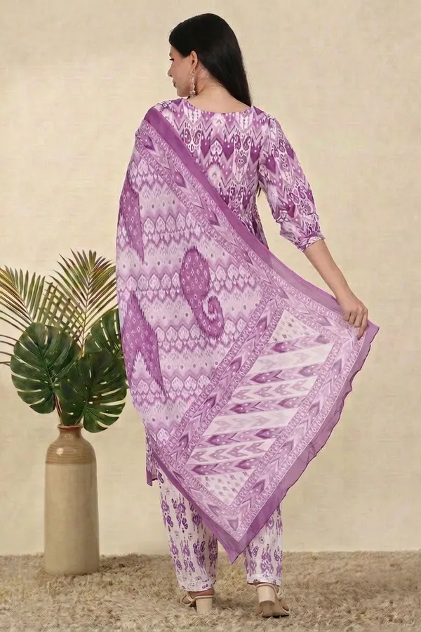 Purple_Pure_Cotton_3/4_Gathered_Sleeves_Round_Kurta_With_Bottom_&_Dupatta_For_Women