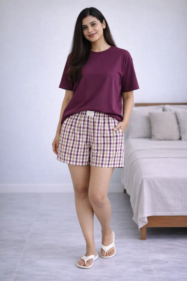 Purple_&_White_Cotton_Half_Sleeve_Round_T_Shirt_With_Shorts_For_Women