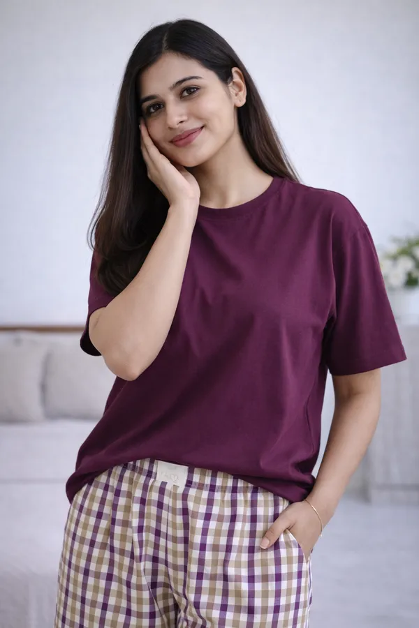 Purple_&_White_Cotton_Half_Sleeve_Round_T_Shirt_With_Shorts_For_Women