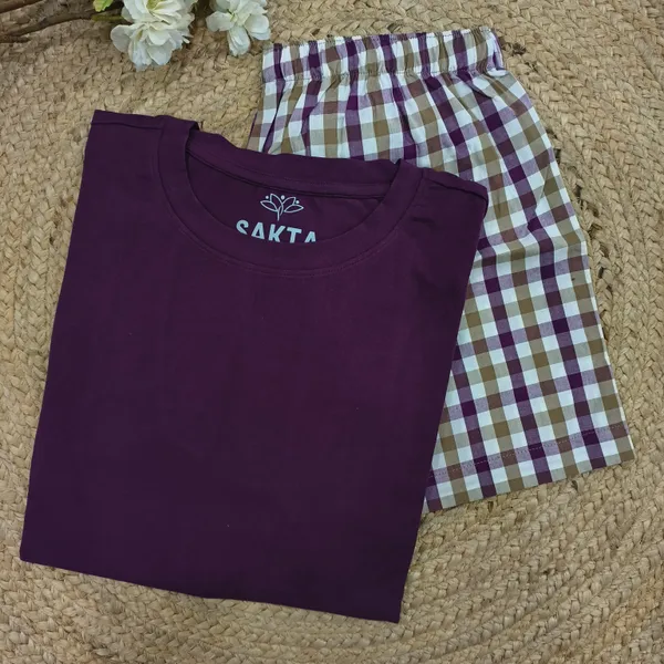 Purple_&_White_Cotton_Half_Sleeve_Round_T_Shirt_With_Shorts_For_Women