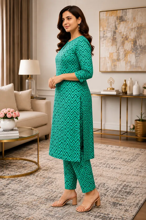 Green_Pure_Cotton_3/4_Sleeves_Round_Drop_Kurta_With_Bottom_For_Women