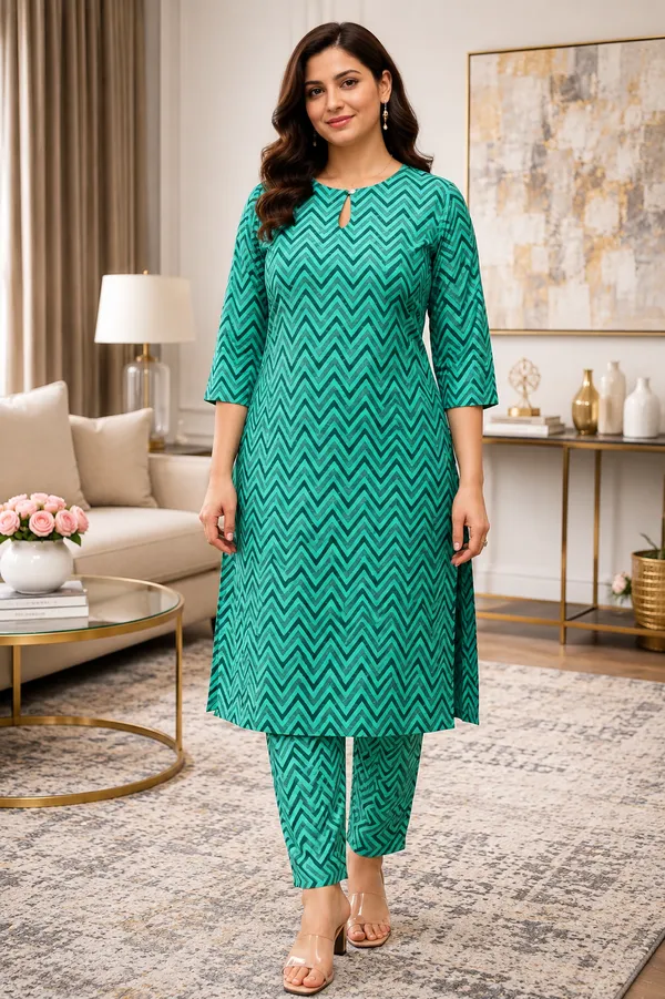 Green_Pure_Cotton_3/4_Sleeves_Round_Drop_Kurta_With_Bottom_For_Women