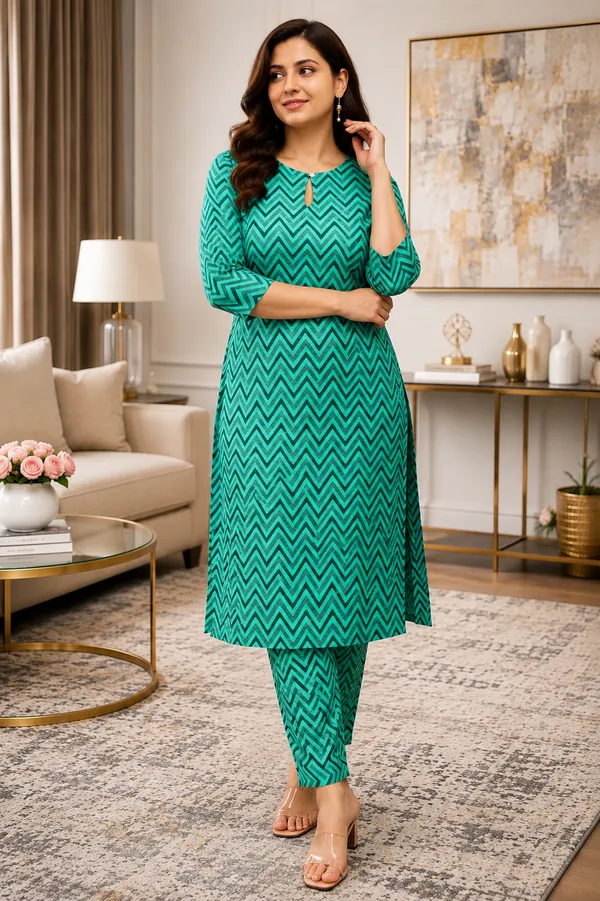 Green_Pure_Cotton_3/4_Sleeves_Round_Drop_Kurta_With_Bottom_For_Women