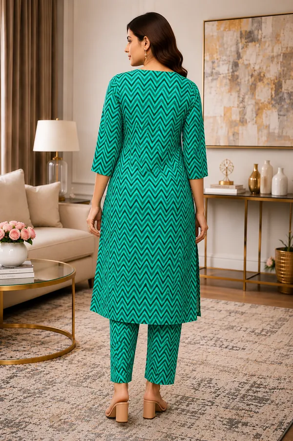Green_Pure_Cotton_3/4_Sleeves_Round_Drop_Kurta_With_Bottom_For_Women