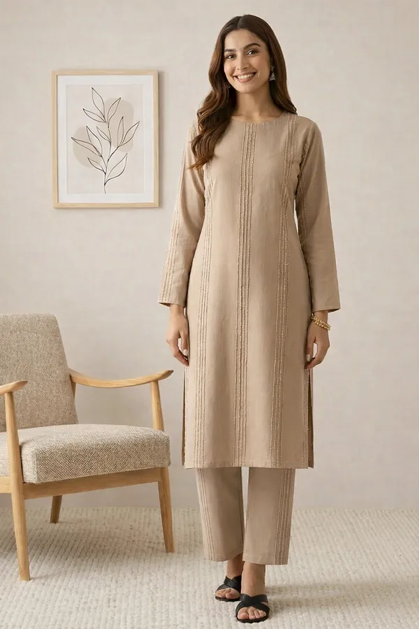 Light_Brown_Viscose_Blend_Long_Sleeve_High_Round_Thread_Stripe_Kurta_With_Bottom_Set_For_Women