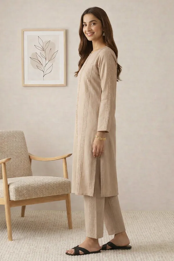 Light_Brown_Viscose_Blend_Long_Sleeve_High_Round_Thread_Stripe_Kurta_With_Bottom_Set_For_Women