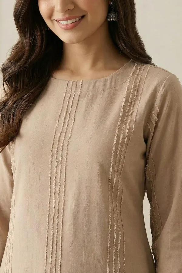 Light_Brown_Viscose_Blend_Long_Sleeve_High_Round_Thread_Stripe_Kurta_With_Bottom_Set_For_Women