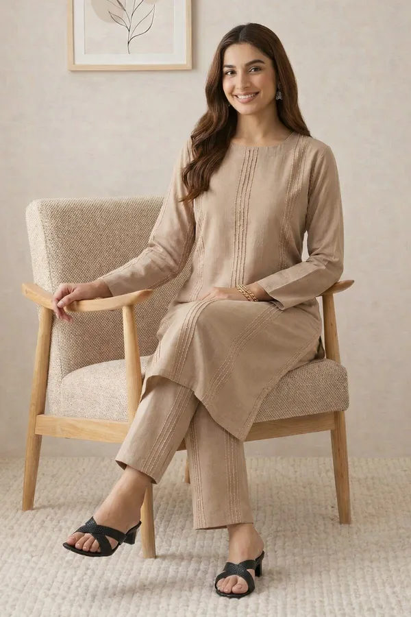 Light_Brown_Viscose_Blend_Long_Sleeve_High_Round_Thread_Stripe_Kurta_With_Bottom_Set_For_Women