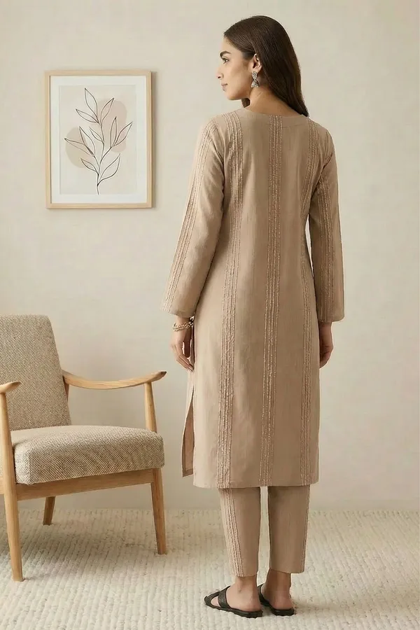 Light_Brown_Viscose_Blend_Long_Sleeve_High_Round_Thread_Stripe_Kurta_With_Bottom_Set_For_Women