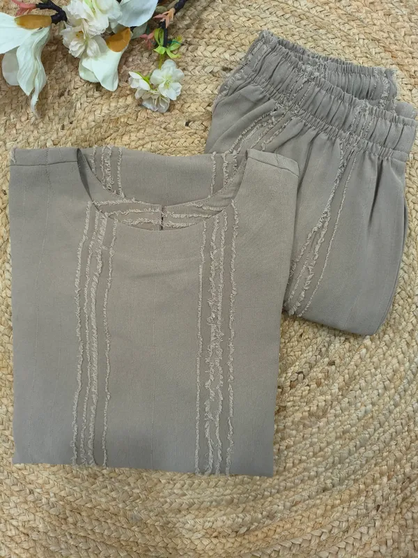 Light_Brown_Viscose_Blend_Long_Sleeve_High_Round_Thread_Stripe_Kurta_With_Bottom_Set_For_Women