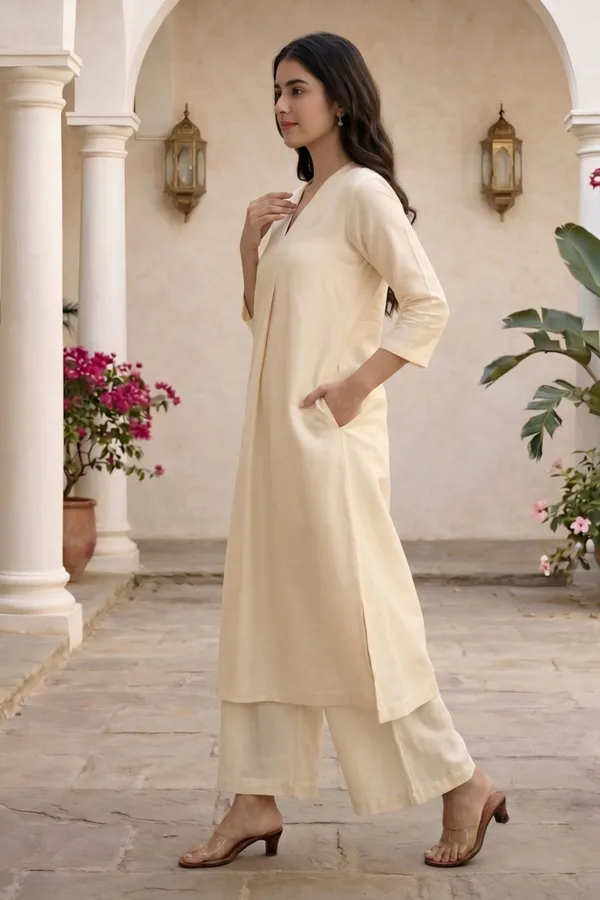 White_Cotton_Silk_3/4_Sleeves_V-Neck_A-Line_Kurta_With_Bottom_For_Women