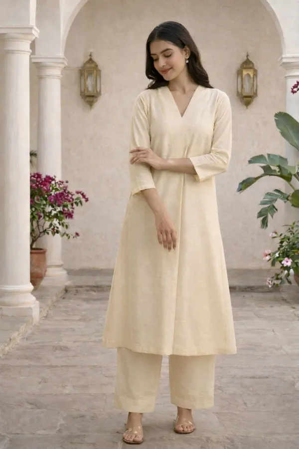 White_Cotton_Silk_3/4_Sleeves_V-Neck_A-Line_Kurta_With_Bottom_For_Women