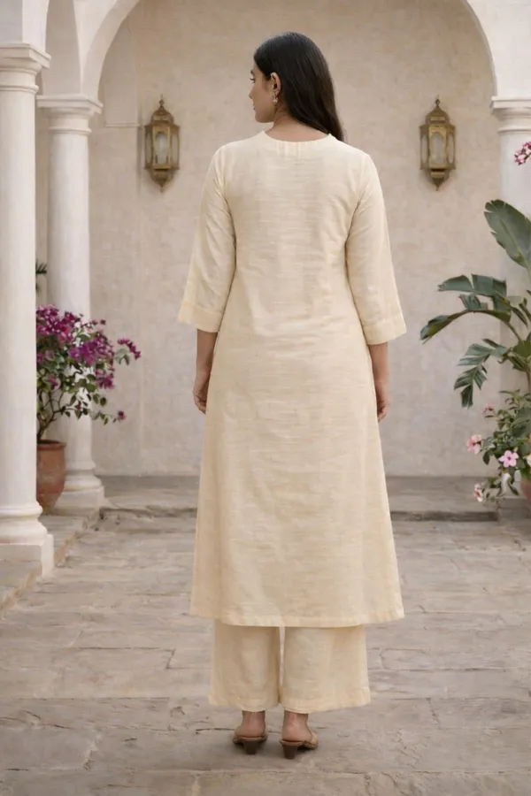 White_Cotton_Silk_3/4_Sleeves_V-Neck_A-Line_Kurta_With_Bottom_For_Women