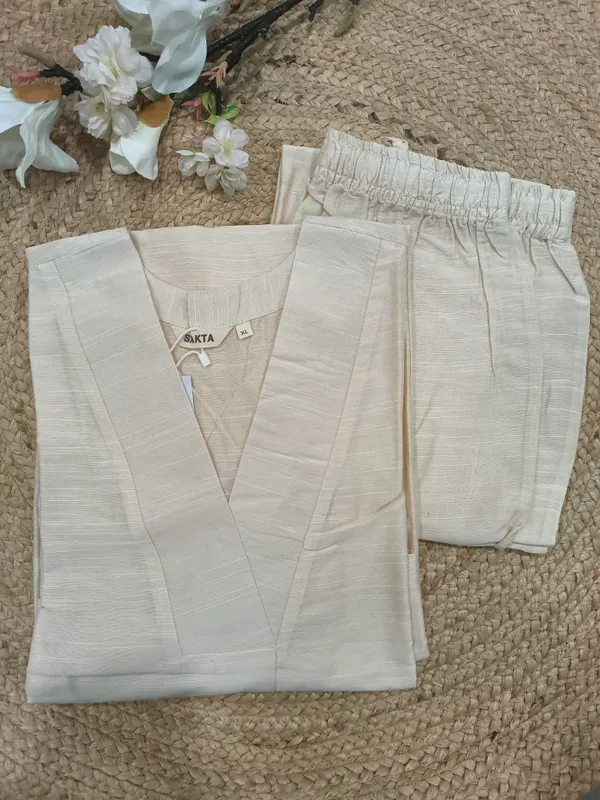 White_Cotton_Silk_3/4_Sleeves_V-Neck_A-Line_Kurta_With_Bottom_For_Women