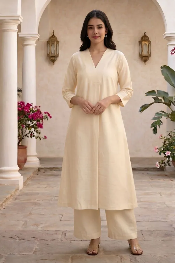 White_Cotton_Silk_3/4_Sleeves_V-Neck_A-Line_Kurta_With_Bottom_For_Women
