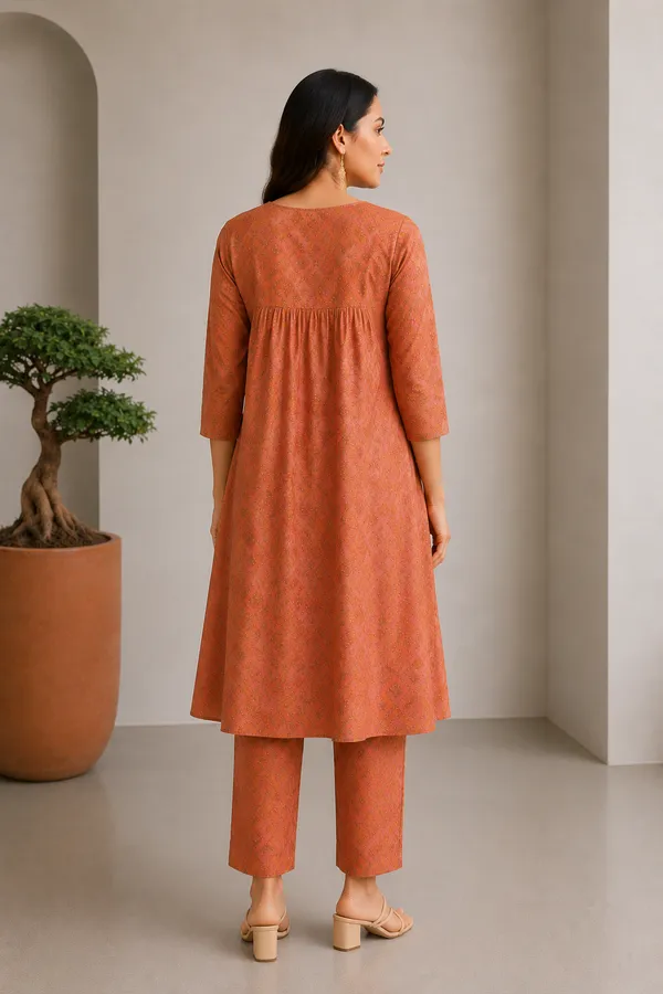 Festive_Pink_Chanderi_Modal_3/4_Sleeves_V_Neck_Aaliya_Cut_Kurta_Set_For_Women
