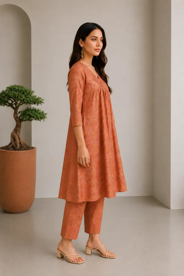 Festive_Pink_Chanderi_Modal_3/4_Sleeves_V_Neck_Aaliya_Cut_Kurta_Set_For_Women