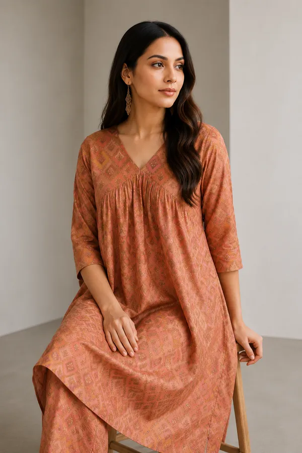 Festive_Pink_Chanderi_Modal_3/4_Sleeves_V_Neck_Aaliya_Cut_Kurta_Set_For_Women