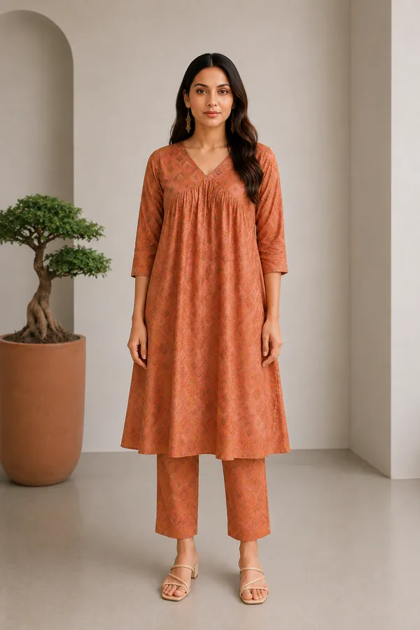 Festive_Pink_Chanderi_Modal_3/4_Sleeves_V_Neck_Aaliya_Cut_Kurta_Set_For_Women