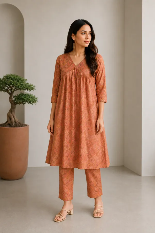 Festive_Pink_Chanderi_Modal_3/4_Sleeves_V_Neck_Aaliya_Cut_Kurta_Set_For_Women