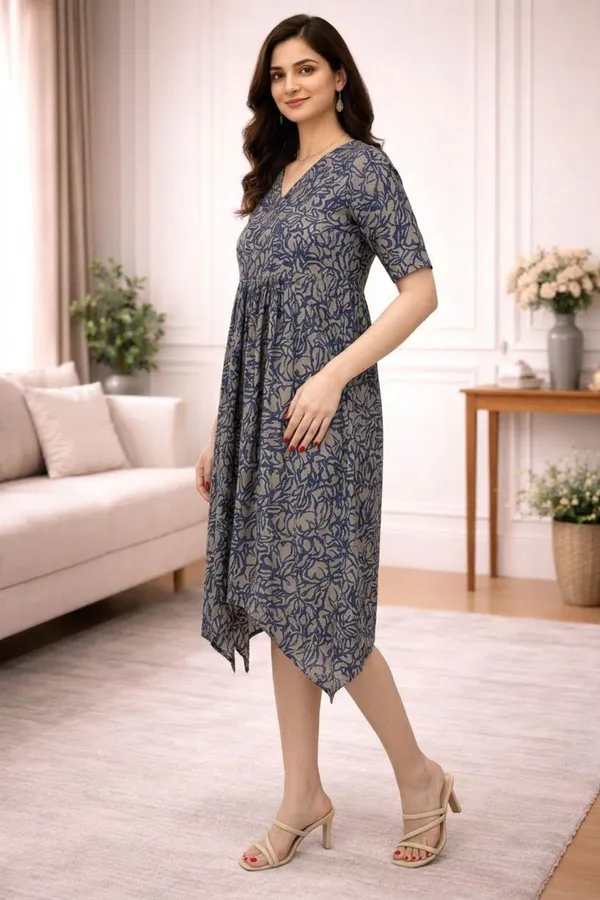 Blue_Chanderi_Half_Sleeve_V_Neck_Dress_For_Women