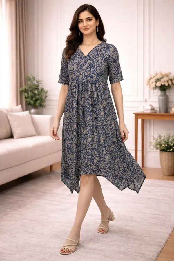 Blue_Chanderi_Half_Sleeve_V_Neck_Dress_For_Women