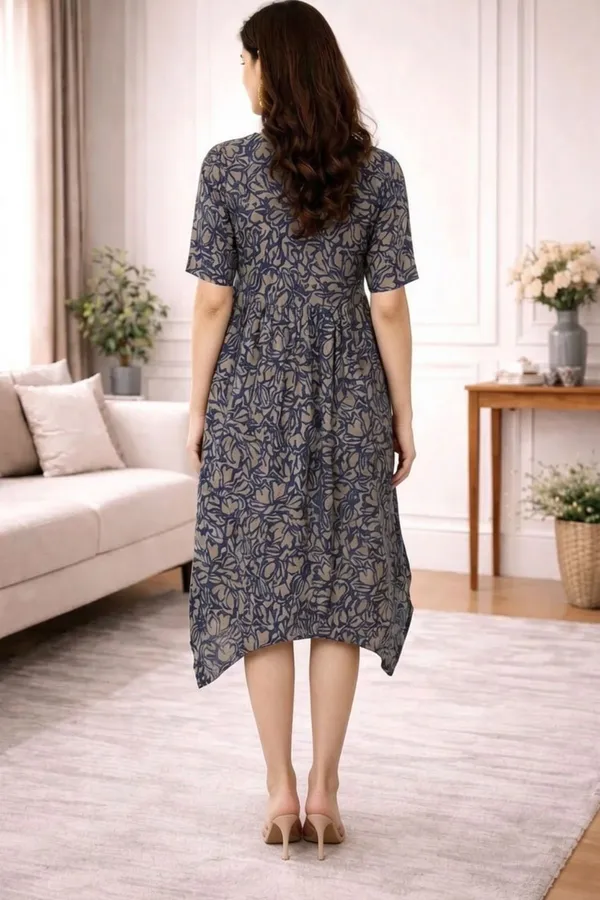 Blue_Chanderi_Half_Sleeve_V_Neck_Dress_For_Women