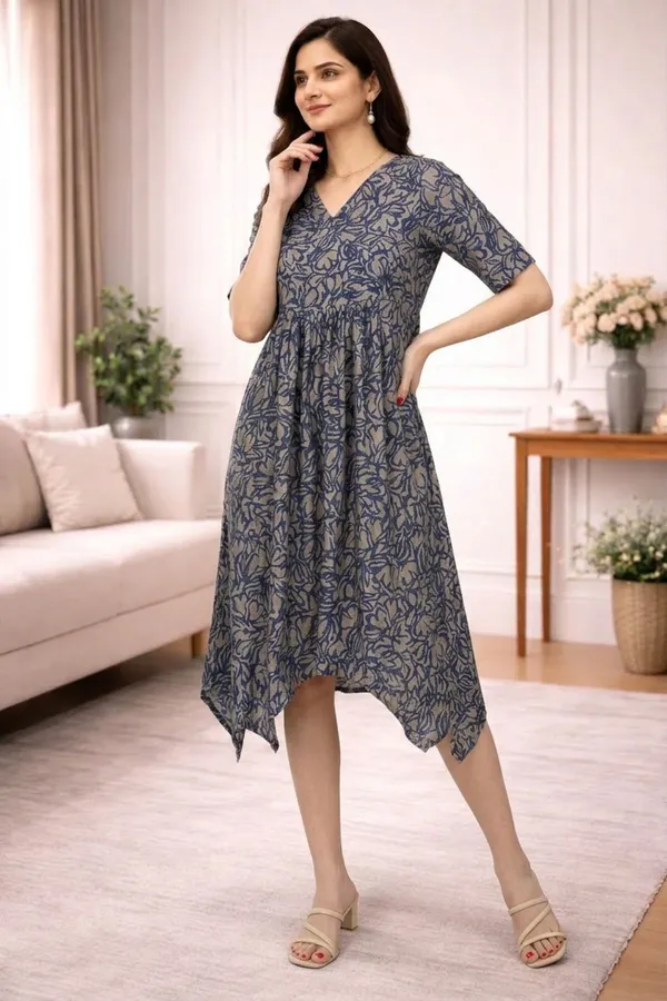 Blue_Chanderi_Half_Sleeve_V_Neck_Dress_For_Women