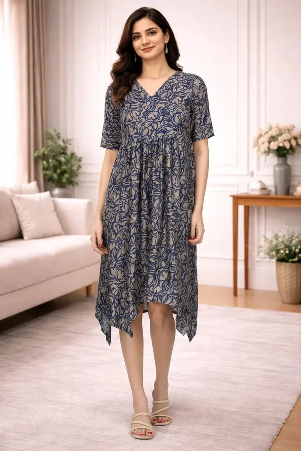 Blue_Chanderi_Half_Sleeve_V_Neck_Dress_For_Women