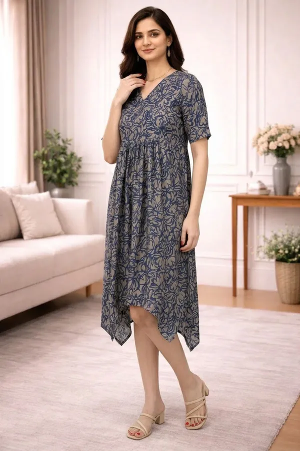 Blue_Chanderi_Half_Sleeve_V_Neck_Dress_For_Women