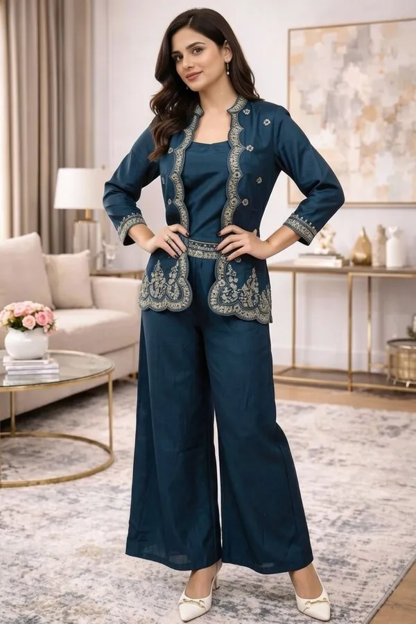 Teal_Blue_Zari_Embroided_Three_Fourth_Sleeve_Three_Piece_Dress_For_Women