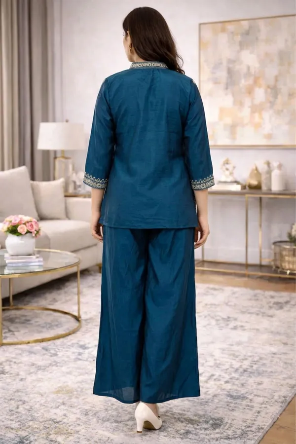 Teal_Blue_Zari_Embroided_Three_Fourth_Sleeve_Three_Piece_Dress_For_Women