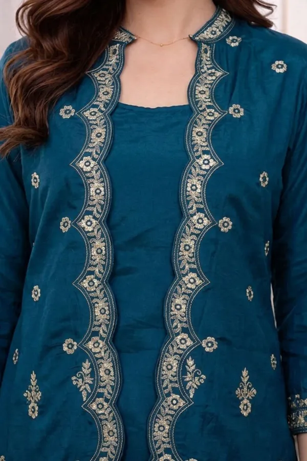 Teal_Blue_Zari_Embroided_Three_Fourth_Sleeve_Three_Piece_Dress_For_Women