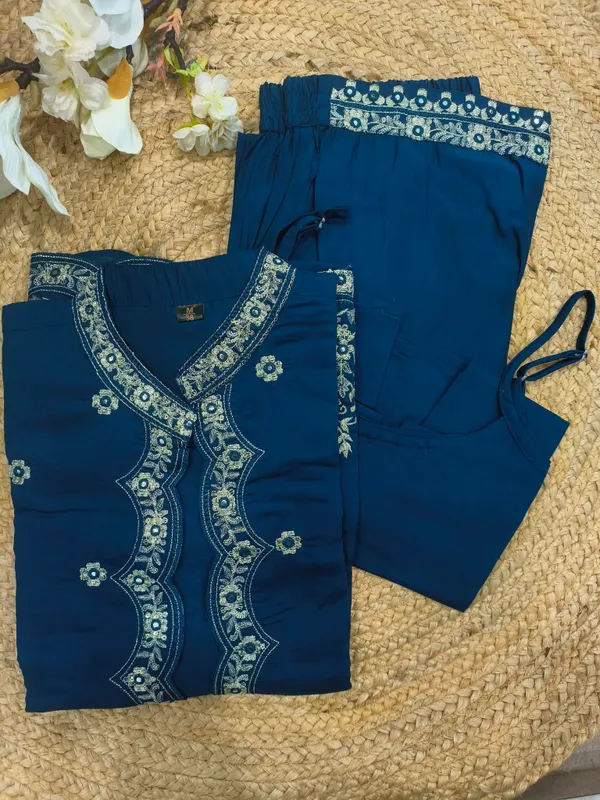 Teal_Blue_Zari_Embroided_Three_Fourth_Sleeve_Three_Piece_Dress_For_Women