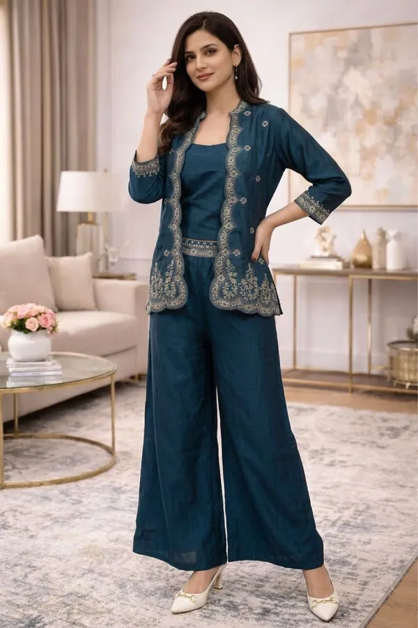 Teal_Blue_Zari_Embroided_Three_Fourth_Sleeve_Three_Piece_Dress_For_Women
