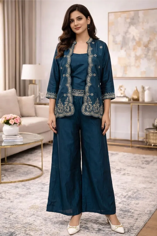 Teal_Blue_Zari_Embroided_Three_Fourth_Sleeve_Three_Piece_Dress_For_Women