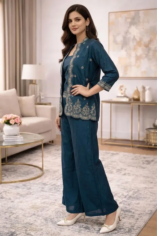 Teal_Blue_Zari_Embroided_Three_Fourth_Sleeve_Three_Piece_Dress_For_Women