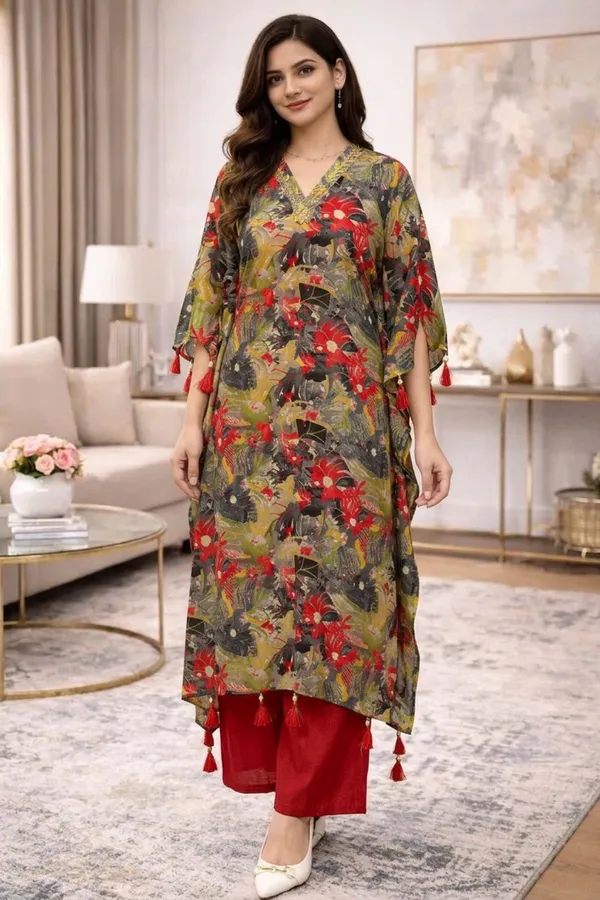 Black_Chinnon_Floral_Print_Three_Piece_Kaftan_Dress_With_Muslin_Inner_And_Pant_For_Women
