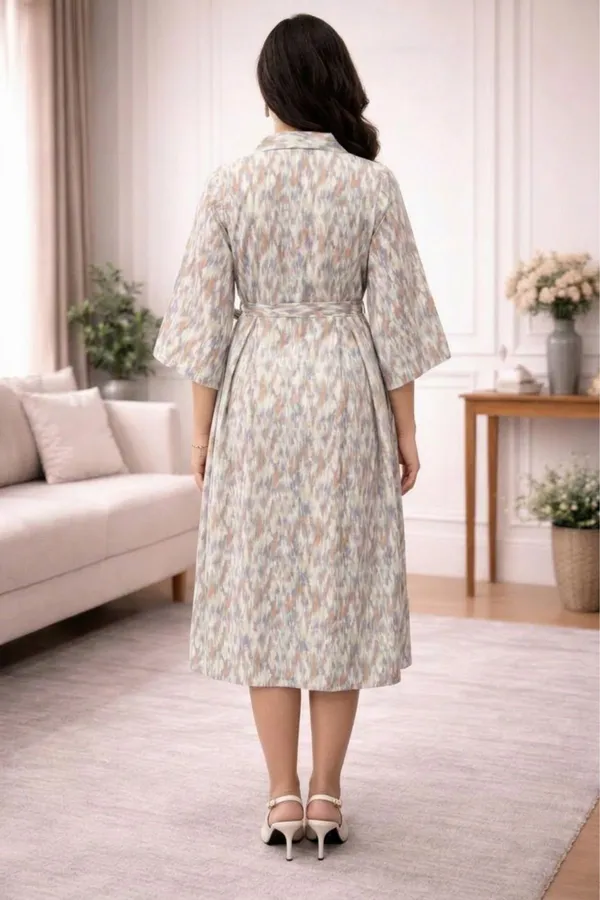 Pastel_Multi_Cotton_Blend_Flared_Sleeve_V-Neck_Dress_With_Belt_For_Women