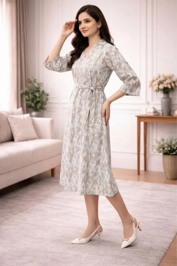 Pastel_Multi_Cotton_Blend_Flared_Sleeve_V-Neck_Dress_With_Belt_For_Women
