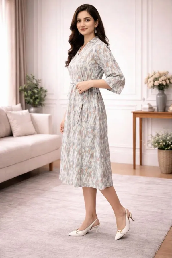 Pastel_Multi_Cotton_Blend_Flared_Sleeve_V-Neck_Dress_With_Belt_For_Women