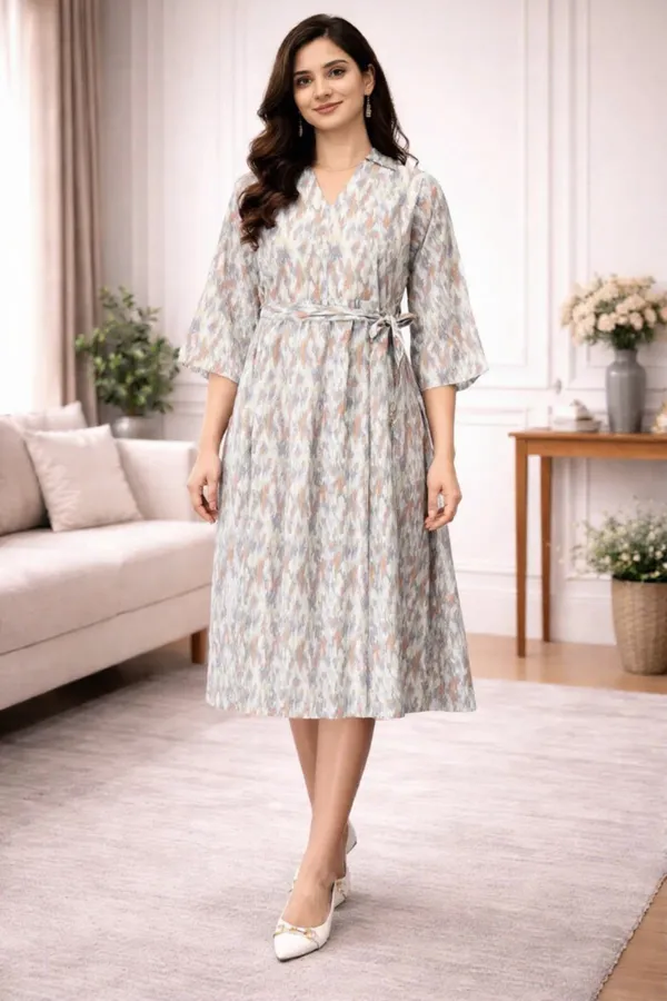Pastel_Multi_Cotton_Blend_Flared_Sleeve_V-Neck_Dress_With_Belt_For_Women